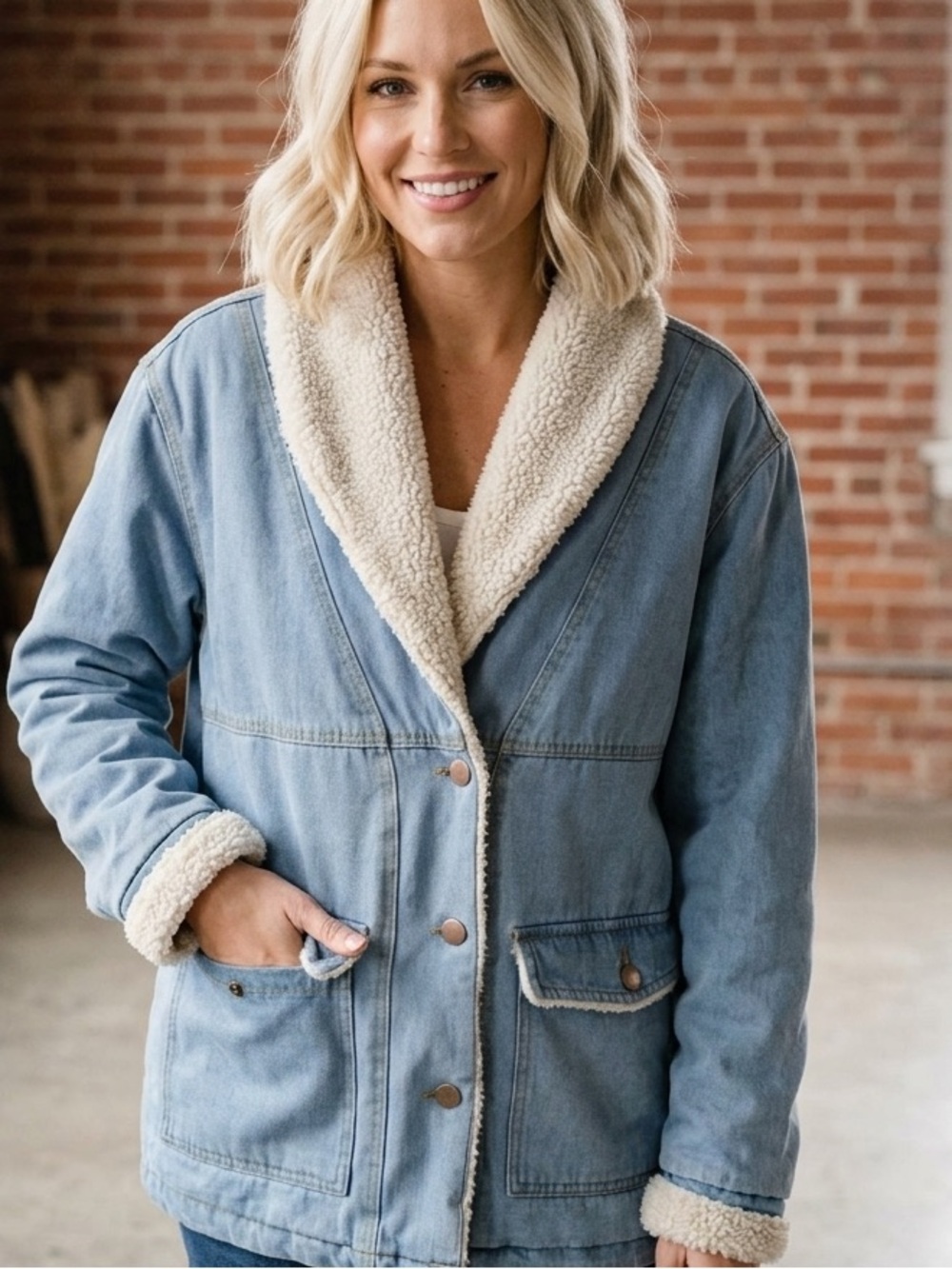 Ashley Vintage Charm Denim Faux Shearling Lined Jacket Light Wash Shawl Collar M